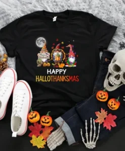 Happy Hallothanksmas Gnomes Halloween & Merry Christmas T-Shirt